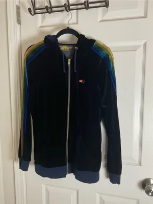 Aviator Nation Velvet Rainbow Stripe Zip-Up Hoodie Navy Blue Size Large thumbnail 3
