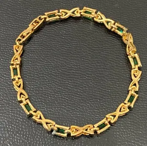 Unsigned Gold-tone Emerald Green & Clear CZ Stone 7.5” Tennis Bracelet 8.7g thumbnail 5