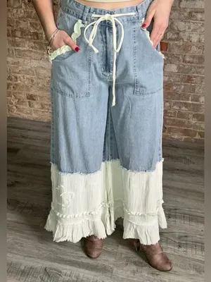 NWT POL Ruffle Hem Contrast Denim Wide Leg Jeans with Drawstring Waist thumbnail 13