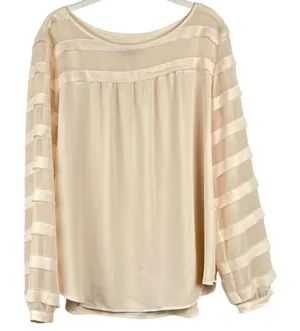 LOFT Women’s Cream Blouse Sheer Striped Sleeves Large thumbnail 1