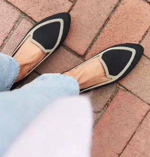 Birdies Blackbird Black Tan Slide On Flats Knit Comfort Preppy Pointed Toe thumbnail 1