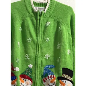 Tiara International Size M Green Christmas Sweater Snowmen Embellished Zip Front thumbnail 4