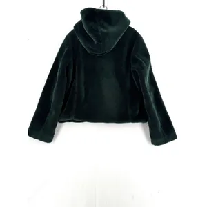 Forever 21 Faux Fur Hooded Jacket Women XL Dark Green Full Zip Lined Cozy Teddy thumbnail 2