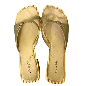 Retro Vis a Vie Gold Leather Wood Slide Sandals Size 9 thumbnail 2
