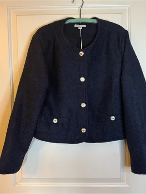 Free Assembly Nubby Collarless Crew Neck Jacket Size XL (16-18) Navy Blue thumbnail 3