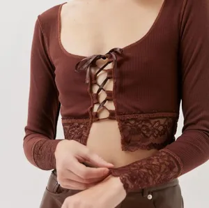 New with tags. Brown lace trim long sleeve crop top thumbnail 3