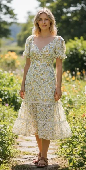 Japna Floral Cotton‎ Midi Dress Yellow White Puff Sleeve Tiered Lace Trim Size M thumbnail 1