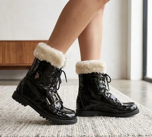 US Polo Assn Madison patent Black & Cream Faux Fur Lined Boots lace up logo 6.5 thumbnail 1
