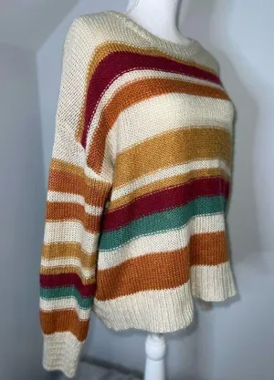 Women’s Striped Fall Oranges/Maroon/Cream Knit Sweater Medium thumbnail 1