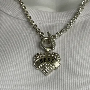 Bebe Necklace Glass Crystal Rhinestone Cast Silver Tone Chunky Heart Pendant 16” thumbnail 2