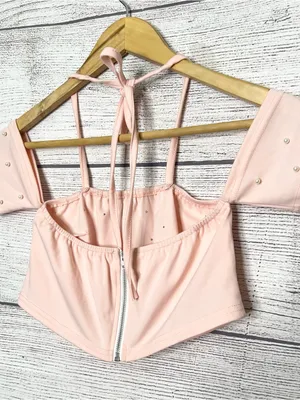 Pink Pearl Two-Piece Set Embellished Off Shoulder Crop Top & Shorts Size Small thumbnail 12