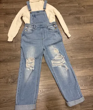 Womens Distressed Denim Jean Overalls Light Wash Relaxed Fit‎ Cropped Leg Size S thumbnail 1