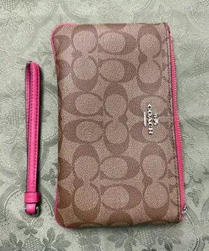 Coach Brown Signature Wristlet with Pink Trim thumbnail 1