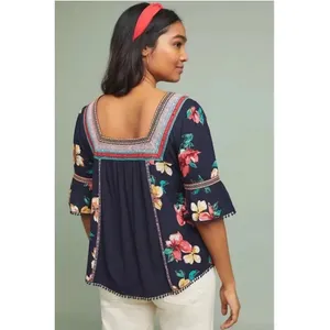 By ANTHROPOLOGIE Dakota Floral Embroidered Top Blouse Peasant Square‎ Neck Large thumbnail 7
