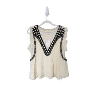 Free People Embroidered V-Neck Peplum Top Ecru Sleeveless Size Small NEW thumbnail 2