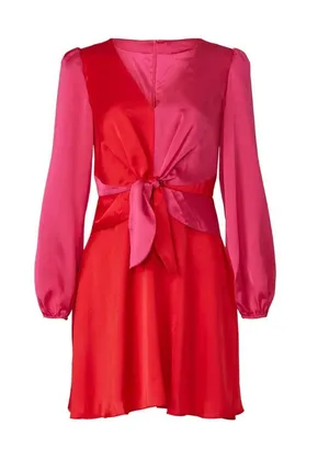 Milly Stella Satin Red Pink Colorblock Tie Waist Long Sleeve V-Neck Mini Dress 4 thumbnail 1