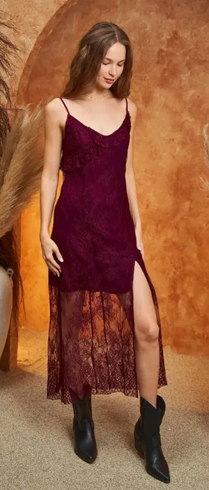 Urban Outfitters Burgundy Lace Mini Dress Size Large thumbnail 1