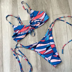 OneOne Swimwear Bikini tie front top cheeky high rise womens Blue large colorful thumbnail 1