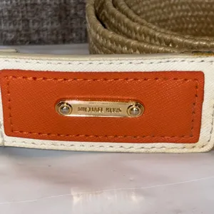 Michael Kors Woven Straw Belt Tan Orange White Leather Gold D-Ring Buckle 42" thumbnail 3