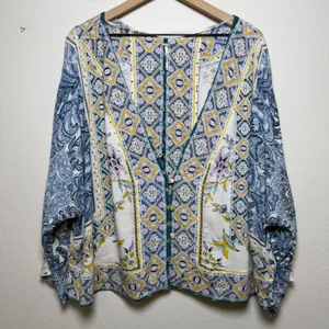 Free People Women Lola Floral Top Large Blue Patchwork Paisley‎ Button Front thumbnail 1