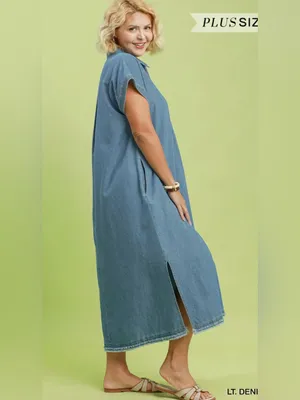 New! Umgee Plus Size Cotton Stone Washed Collared Denim Midi Dress Size 2X thumbnail 4