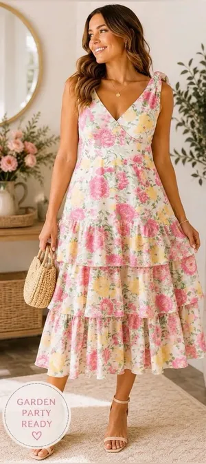 WAYF Floral Tiered Midi Dress XL Garden Party Wedding Guest Ruffle Dress thumbnail 1