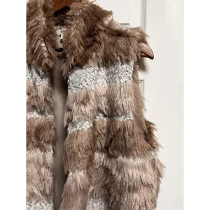 Dylan Women‎ Large Faux Fur Striped Vest Brown Tan Cream Open Front Lined thumbnail 5