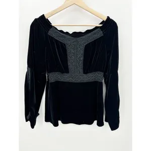 Velvet Lace Trim Peasant Top Black‎ Boho Gothic Romantic Long Sleeve Grunge Sz S thumbnail 2