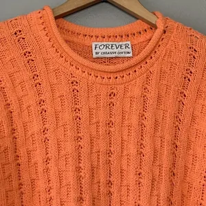 Vintage 80s Cotton Sweater Size Large Orange Roll Neck Hem Fisherman Dopamine thumbnail 3
