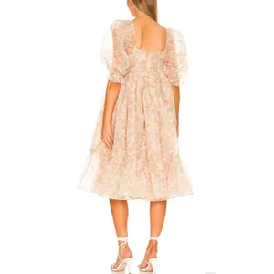 Selkie Hans Christian French Puff Dress‎ Yellow Floral Organza Midi Medium EUC thumbnail 3