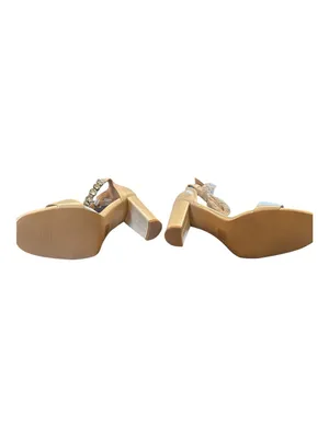 Women's Champagne Satin Block Heel Sandals with Crystal Ankle Strap thumbnail 4