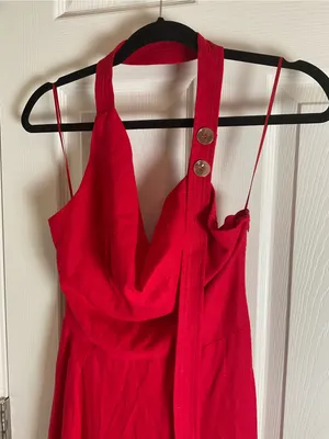 Zara Red Linen Blend Halter Midi Dress Size S Cowl Neck Tortoiseshell Buttons thumbnail 6