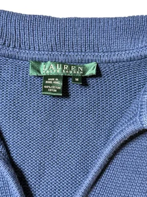 Lauren Ralph Lauren Blue Knit Hoodie Sweater Sz M V-Neck Drawstring Pullover VTG thumbnail 2