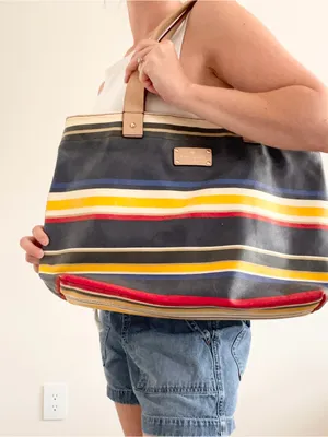 kate spade Navy Multi-Stripe Canvas Tote with Tan Handles thumbnail 2
