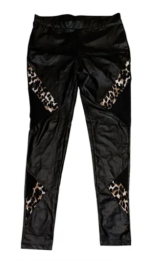 Edgy alternative black shiny mesh & animal print leggings thumbnail 1