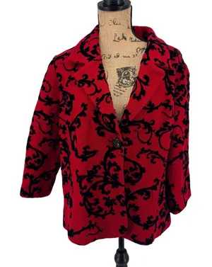 Coldwater Creek Red Black Scroll Print‎ Wool Blazer Jacket 1X Velvet Brocade thumbnail 1