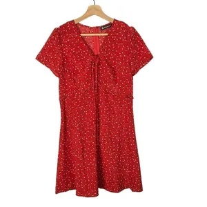 Allegra K Cherry Red Floral‎ Ruffle Trim Short Sleeve Mini Dress S thumbnail 2