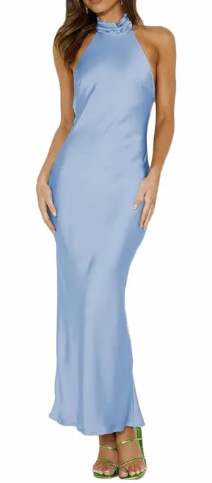 Elegant Light Blue Halter Neck Dress Size L thumbnail 1