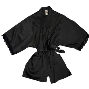 In Bloom by Jonquil Black Satin Tie Front Lace Trim Robe Size Women's Medium thumbnail 4