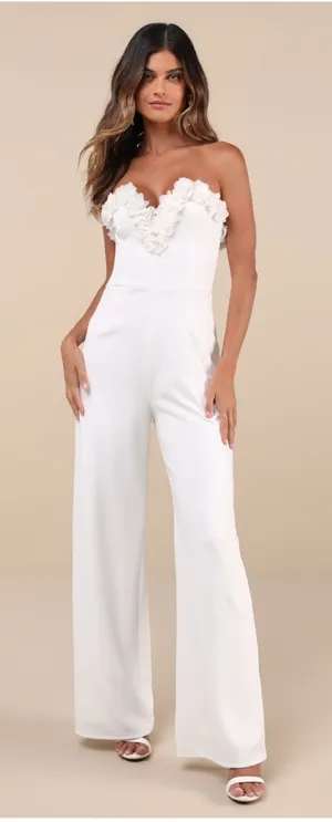 Lulus Rare Allure White 3D Floral Applique Strapless Wide-Leg Jumpsuit thumbnail 1