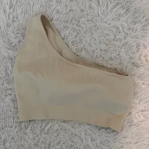 🩷 3/$18 Ribbed One Shoulder Sports Bra Beige Size L Removable Pads thumbnail 1