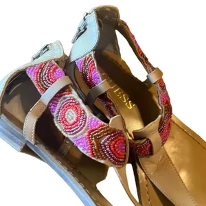 Guess 7 Pink Tan Beaded Embellished T-Strap Flip‎ Flop Sandals Boho Festival thumbnail 3