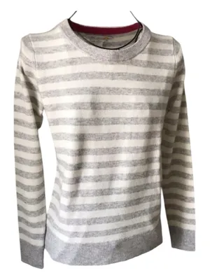 C&C California 100% Cashmere Sweater Women M Gray White Striped Crewneck 2-Ply thumbnail 1