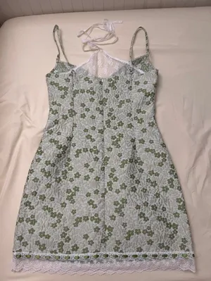 Green Floral Jacquard Halter Dress with Lace Hem thumbnail 3