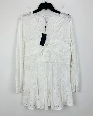 Gianni Bini Katrina Eyelet Mini Dress Cotton Long Sleeve A Line White Large NWT thumbnail 3