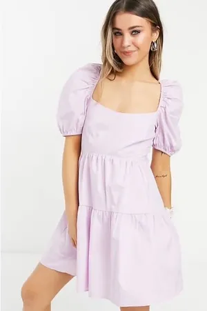 BARDOT Lavender Puff Sleeve Tiered‎ Mini Dress Open Back Wedding Guest Size 6 SM thumbnail 1