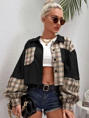 SHEIN Tartan Panel Corduroy Crop Shacket Size Medium‎ thumbnail 1