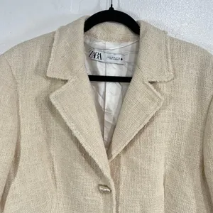 ZARA Textured‎ Cotton Tweed Blazer Jacket Ecru Cream Ivory XL Fully Lined Boho thumbnail 5