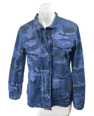 GAP Women's Blue Camo Camouflage Long Sleeve Zip Up Denim Utility Jacket Top XS thumbnail 1