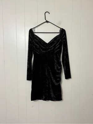 Sherri Hill Black Crushed Velvet Off Shoulder Mini Dress 6 Long Sleeve Cocktail thumbnail 9